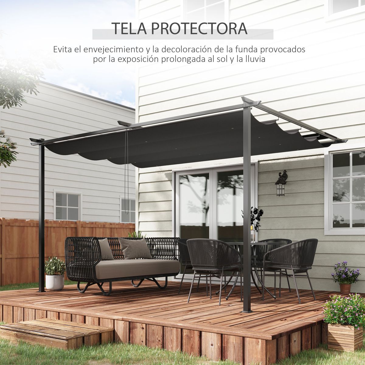pérgola de jardín outsunny techo retractil gris oscuro 220x390x290 cm detalle