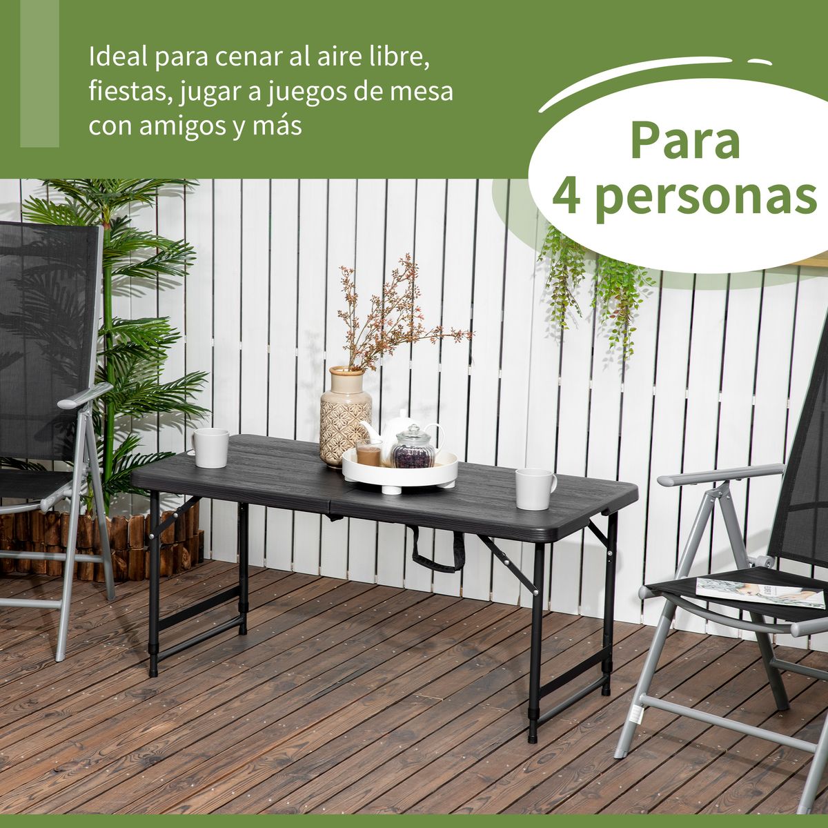 mesa de jardín outsunny plegable altura ajustable gris 56-74x18x60 cm detalle