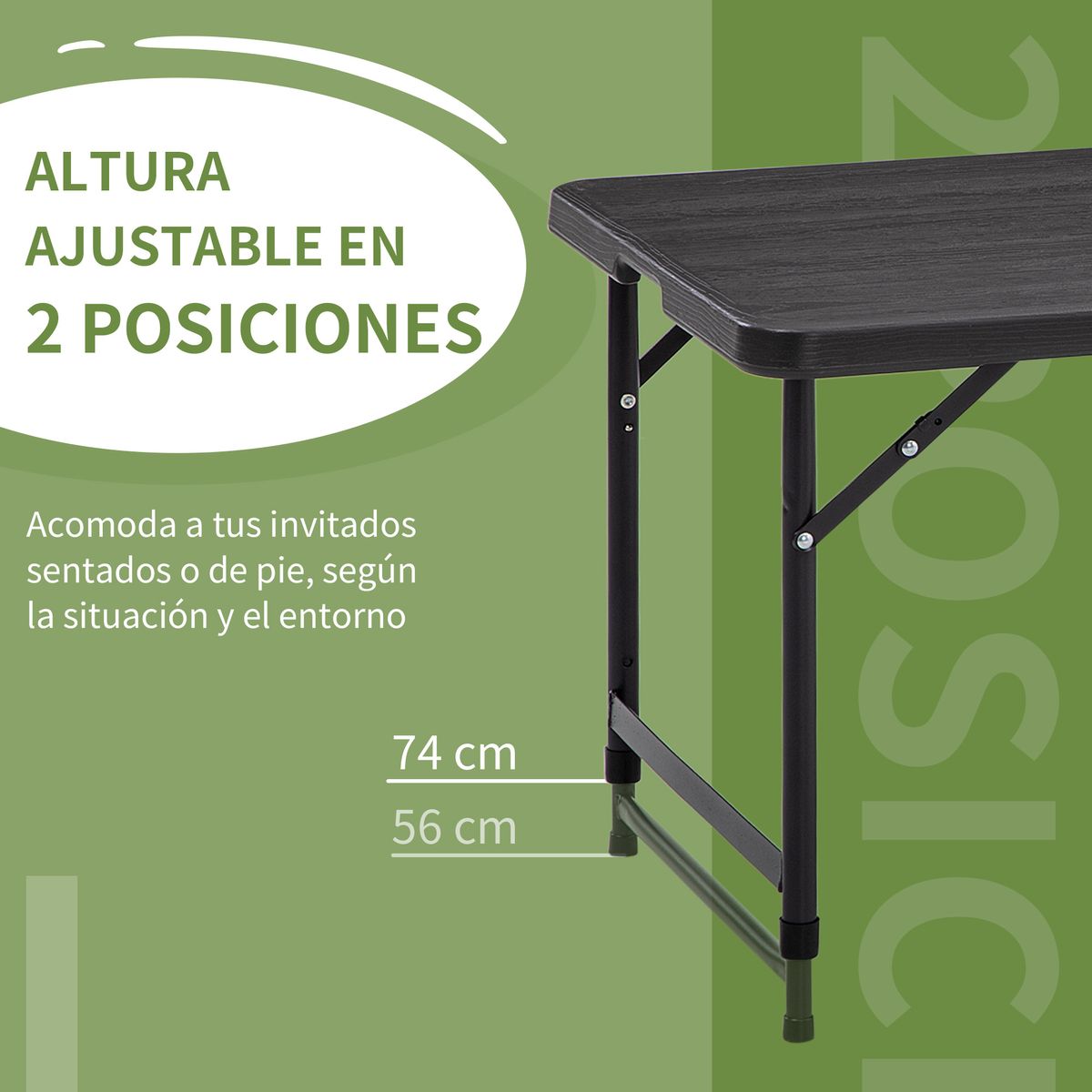 mesa de jardín outsunny plegable altura ajustable gris 56-74x18x60 cm detalle