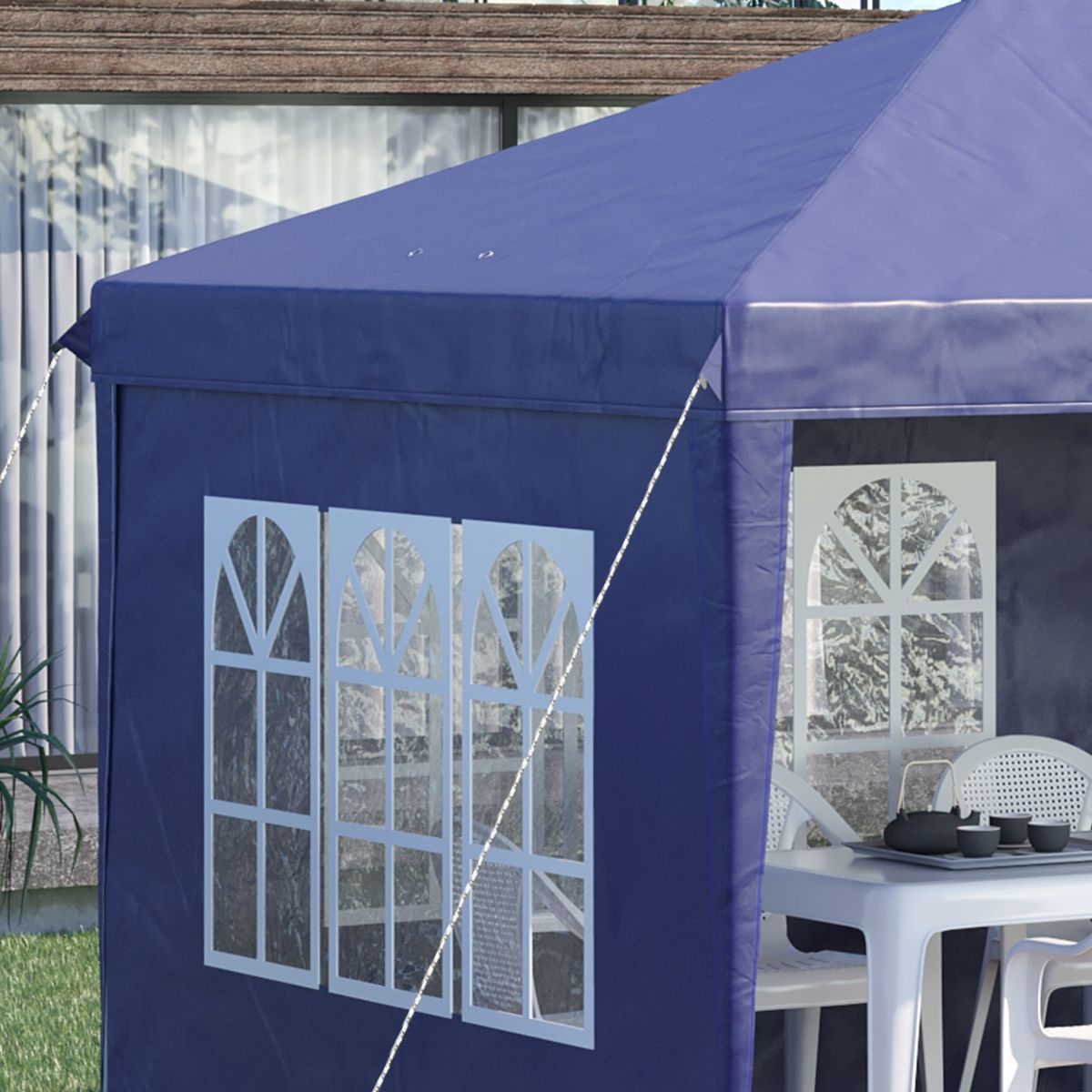 carpa de jardín outsunny plegable 4 ventanas azul 2,70x5,85x2,95 m detalle interior