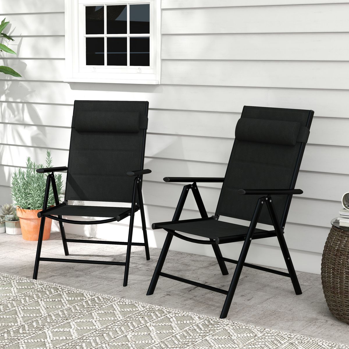 Pack de 2 sillas de camping Outsunny plegables con reposacabezas negro