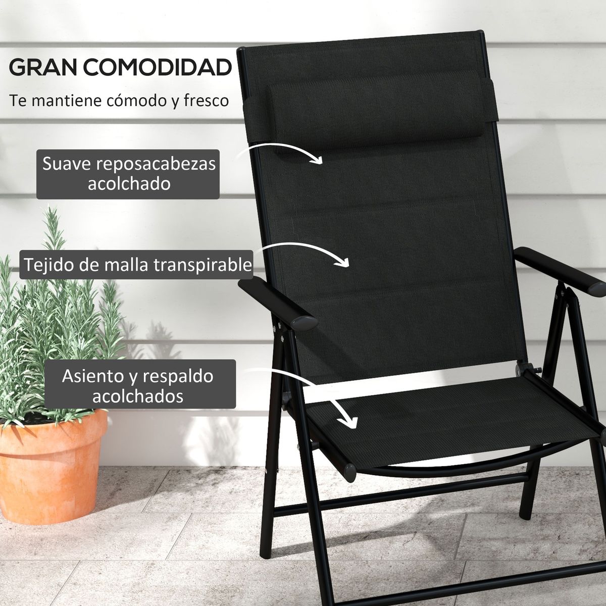 Pack de 2 sillas de camping Outsunny plegables con reposacabezas negro 4
