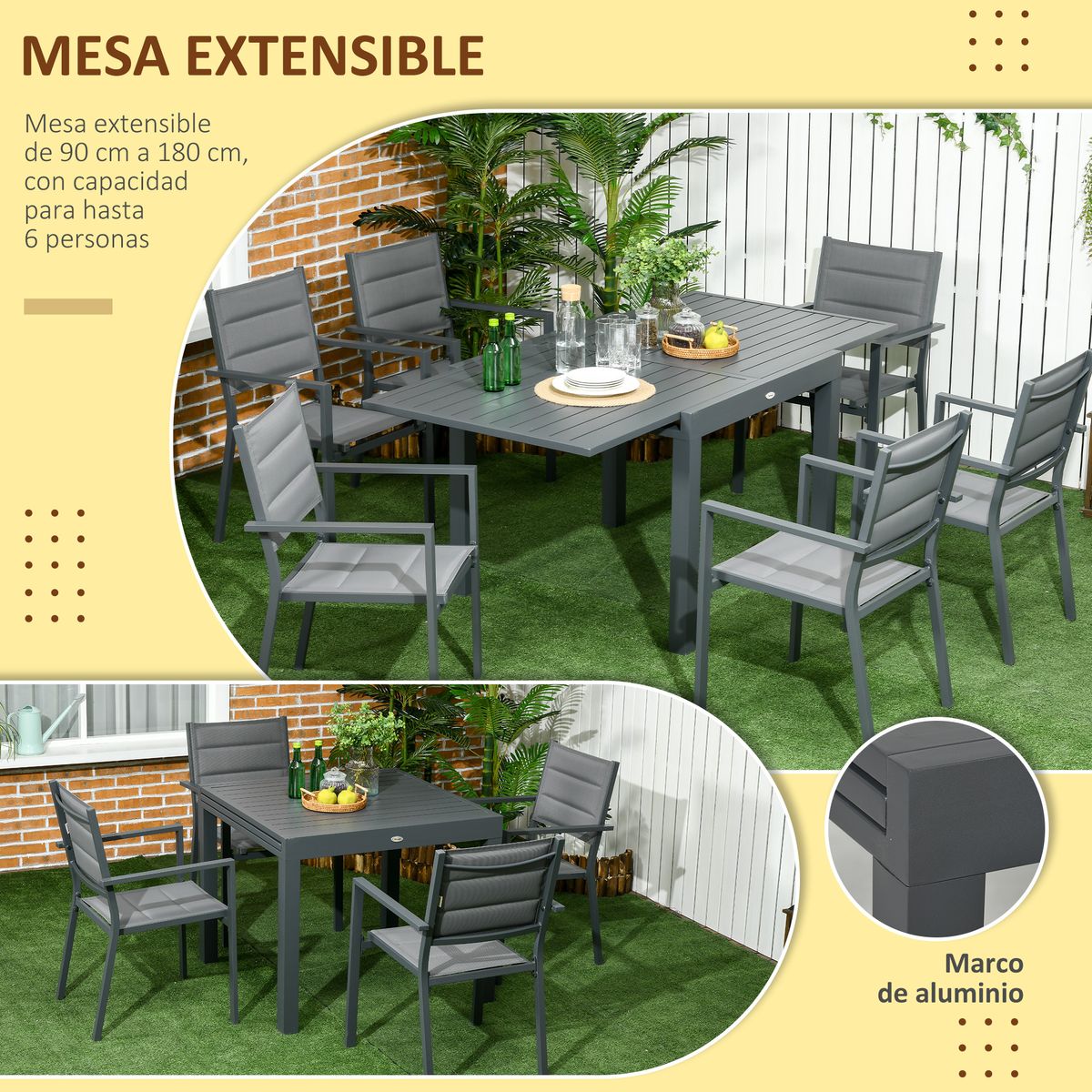 Conjunto de jardín Outsunny 1 mesa extensible + 6 sillas gris 74x90-180x89 cm