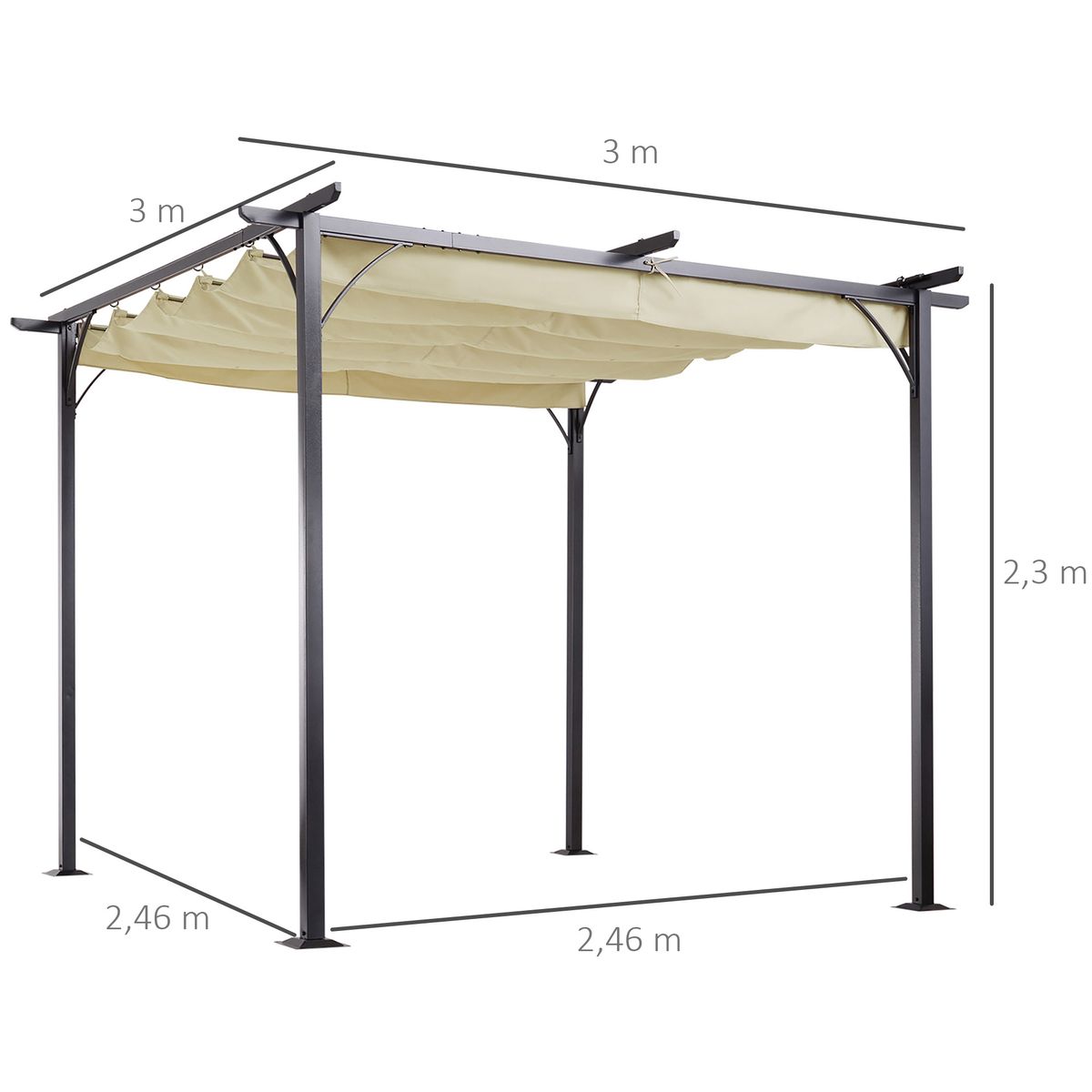 Pérgola de jardín Outsunny techo retráctil crema 3x3m 3
