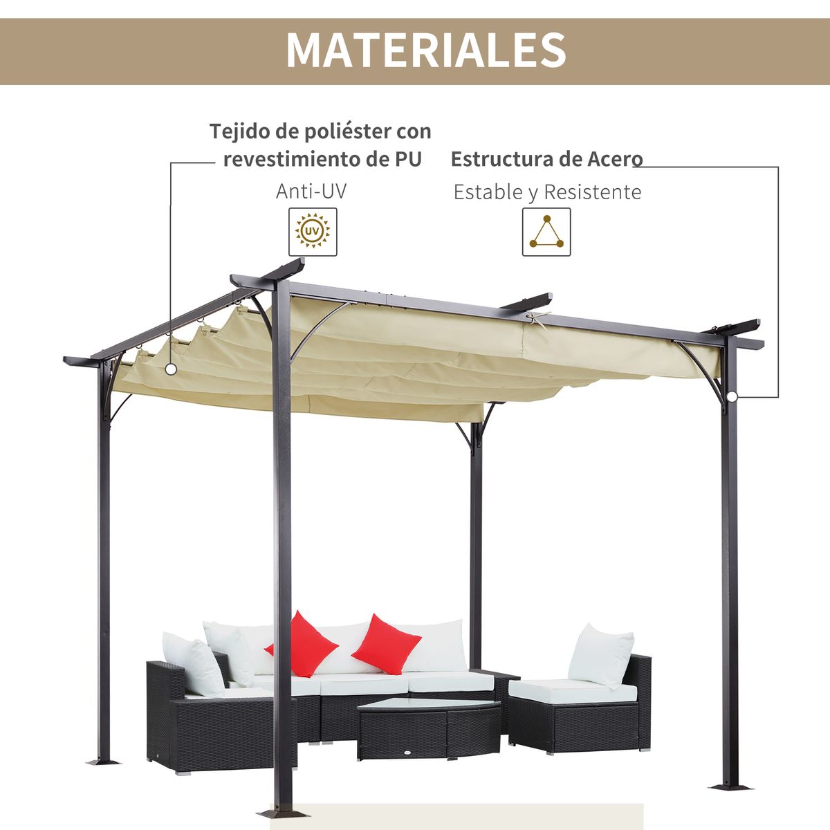 Pérgola de jardín Outsunny techo retráctil crema 3x3m 4