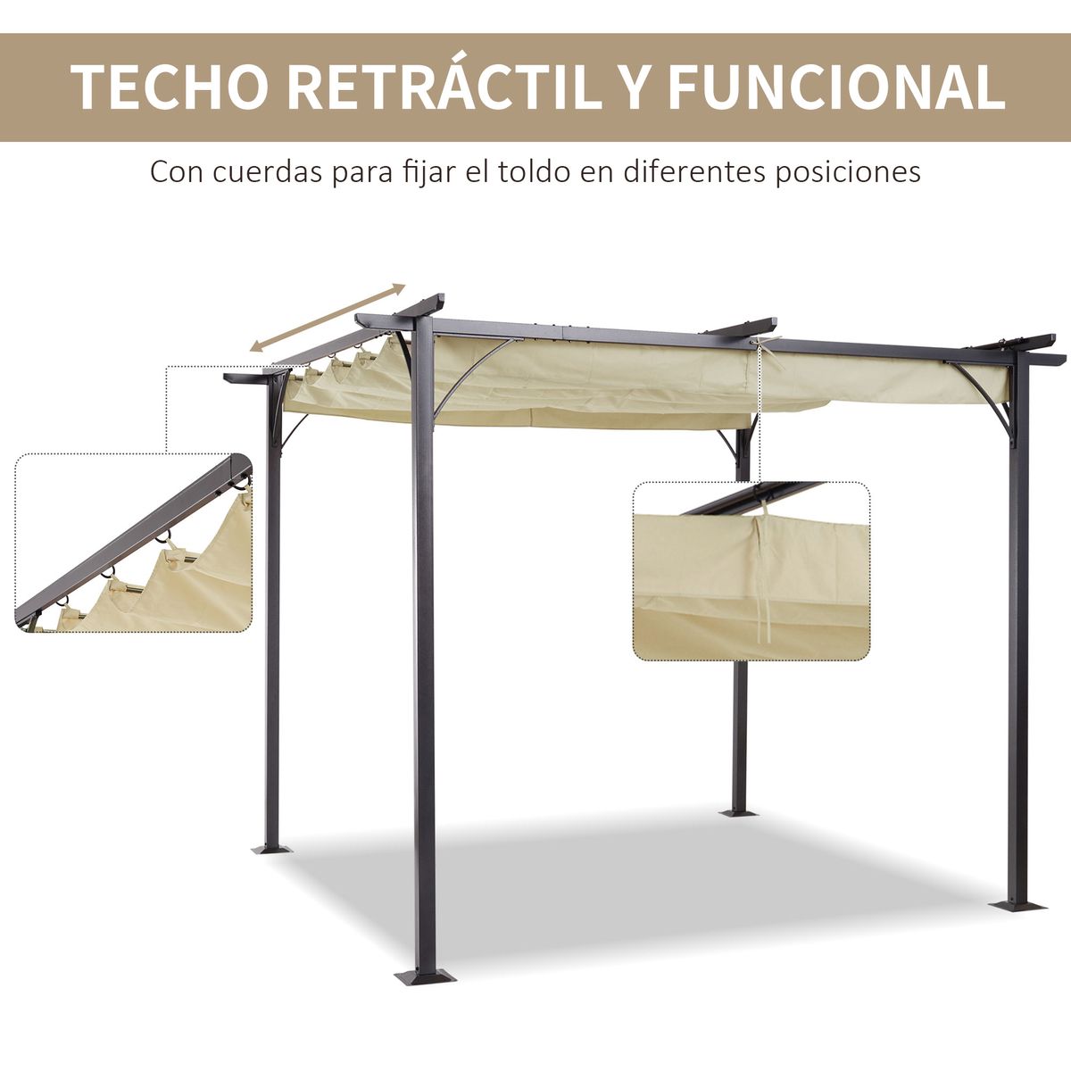 Pérgola de jardín Outsunny techo retráctil crema 3x3m 5