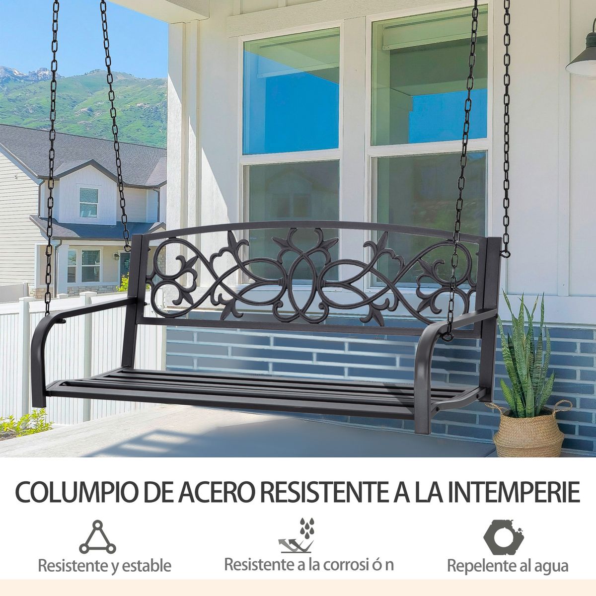 Banco columpio Outsunny con reposabrazos negro 52x127x59,5 cm 6