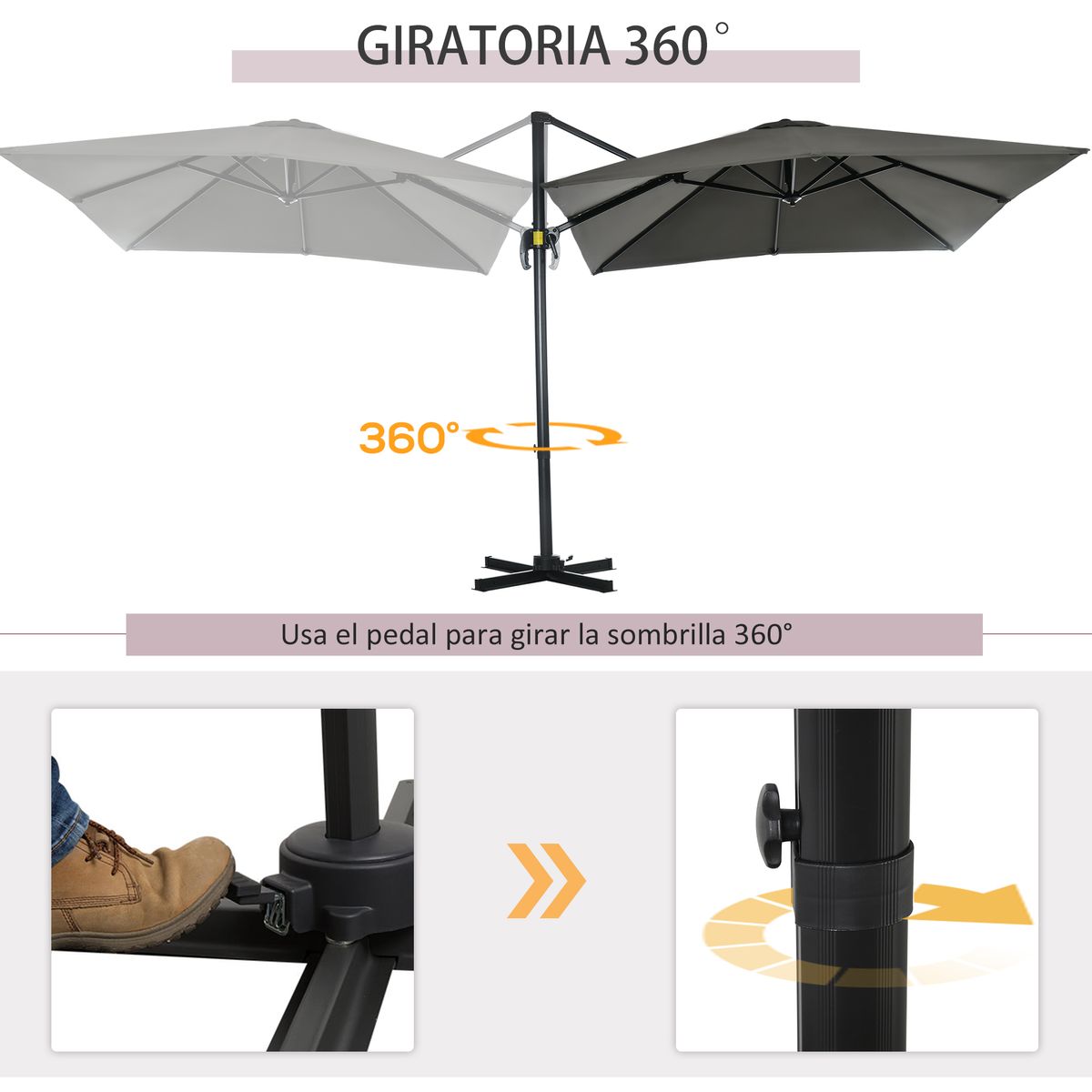 sobrilla de jardín outsunny con manivela y poste giratorio gris 2,45x2,45x2,45 m detalle