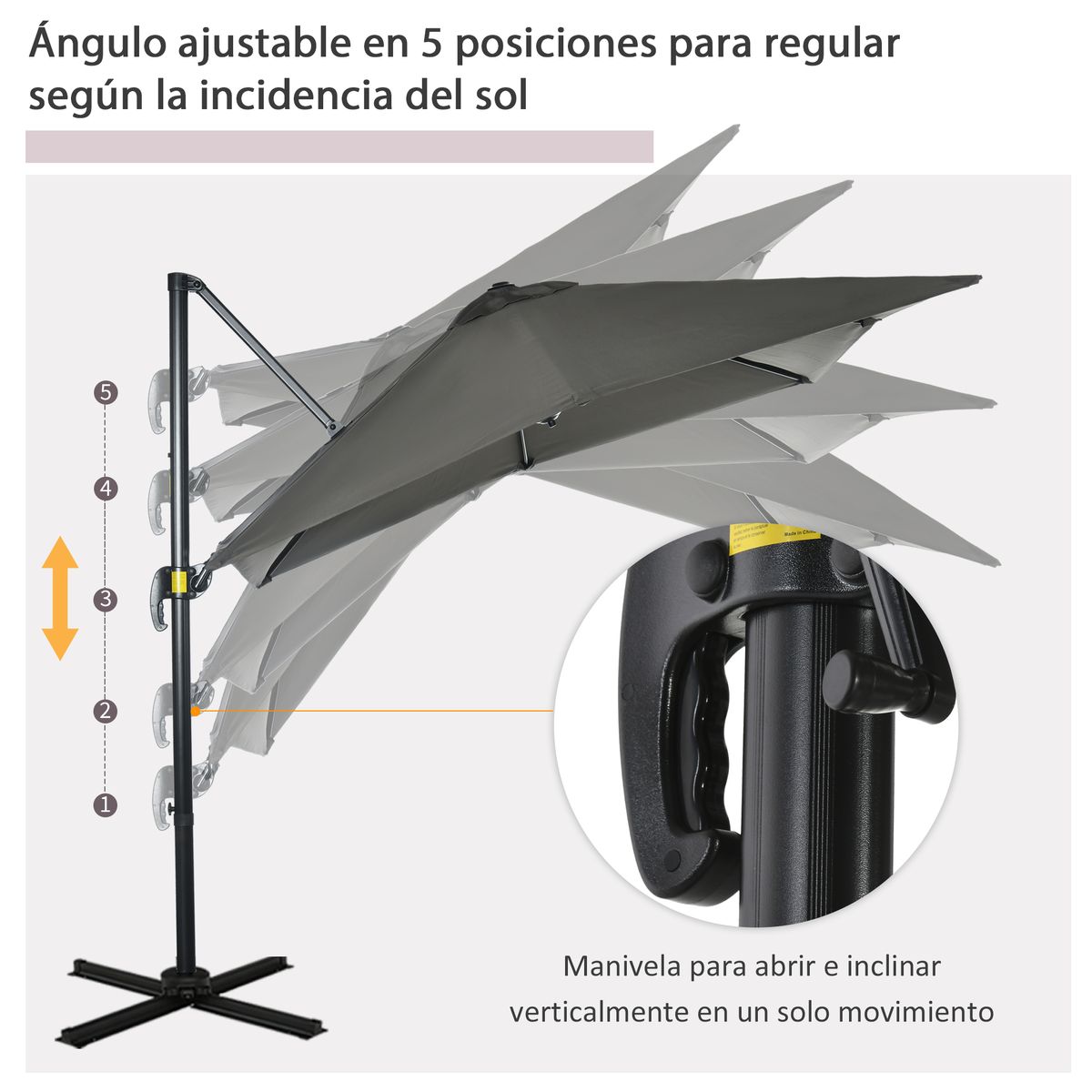 sobrilla de jardín outsunny con manivela y poste giratorio gris 2,45x2,45x2,45 m detalles