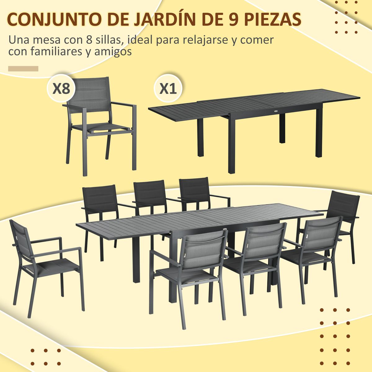 Conjunto de jardín Outsunny 1 mesa extensible + 8 sillas apilables gris 4