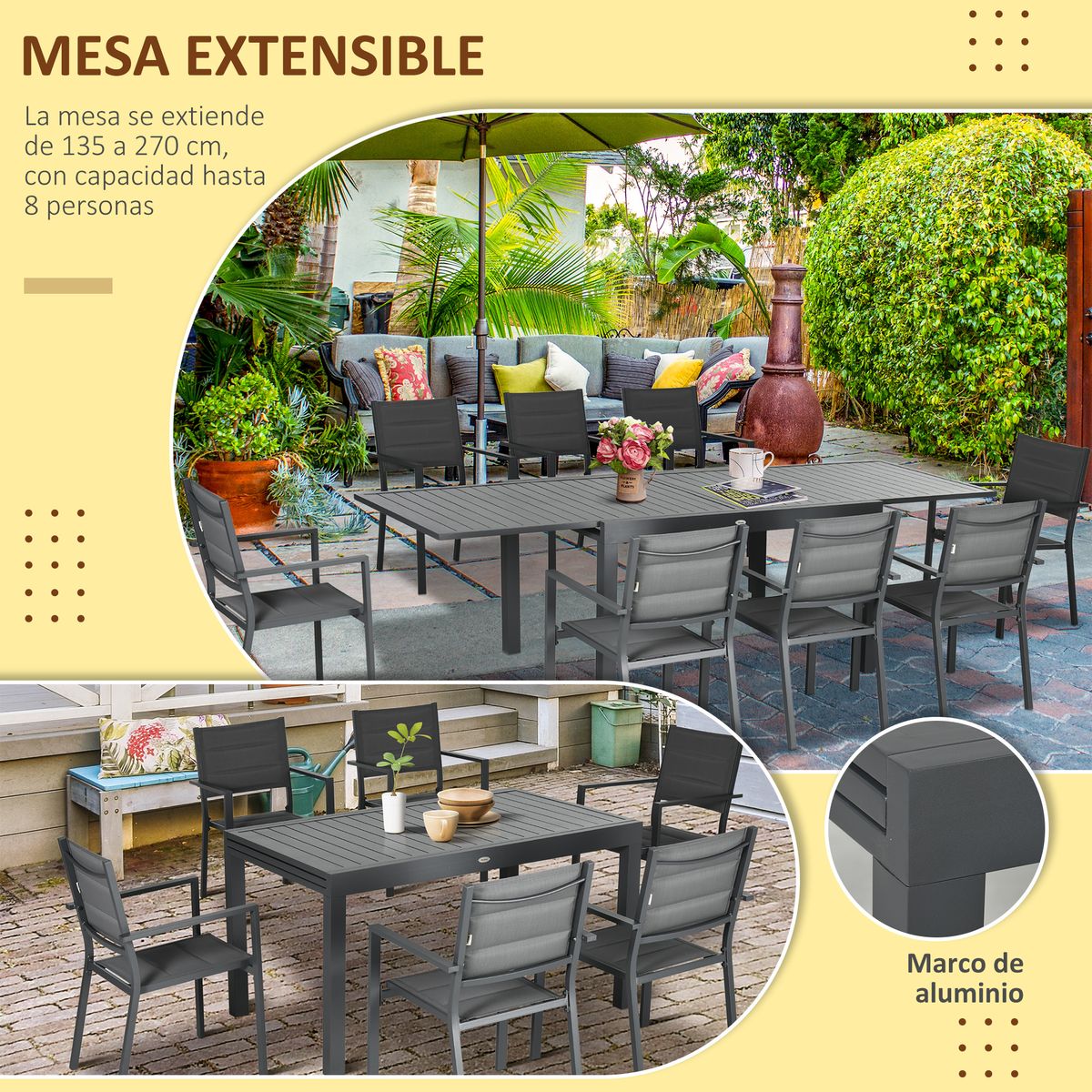 Conjunto de jardín Outsunny 1 mesa extensible + 8 sillas apilables gris 5
