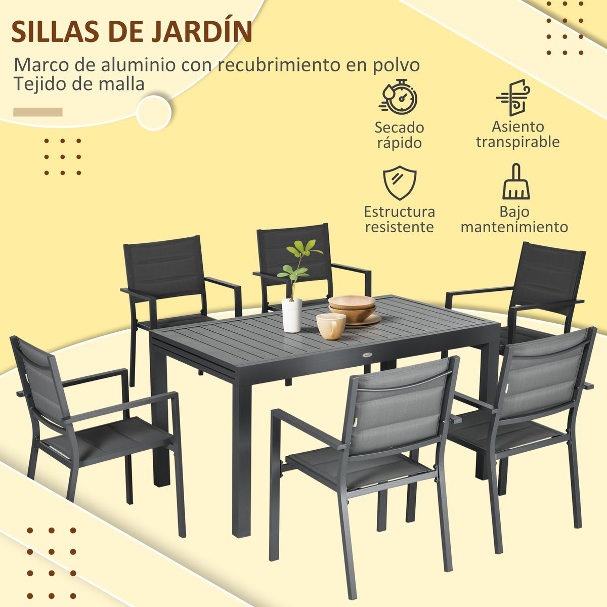 Conjunto de jardín Outsunny 1 mesa extensible + 8 sillas apilables gris 7