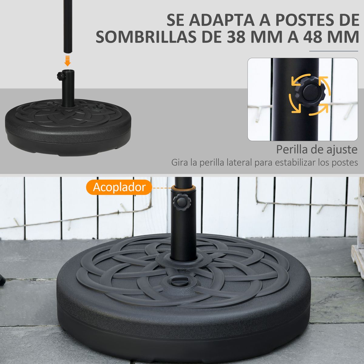 pie de sombrilla outsunny rellenable para postes de ø38/48 mm detalle