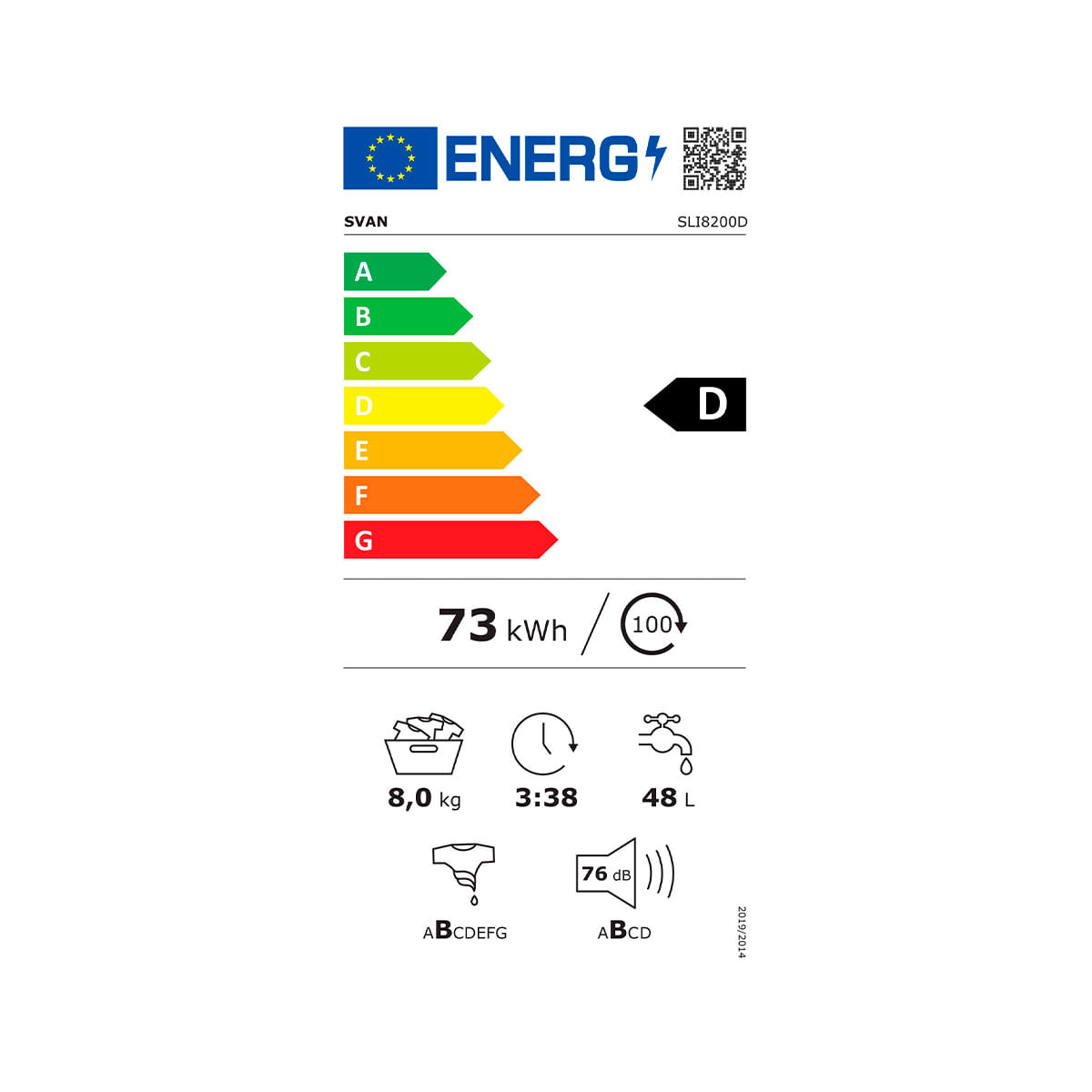 Lavadora de integración Svan SLI8200D 8kg 1200 rpm 15 programas D blanco 81,7 cm eficiencia-energetica