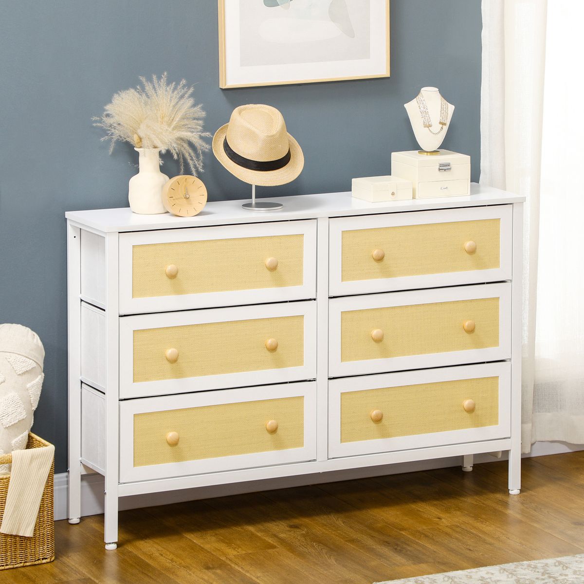 Cómoda Moala Homcom 6 cajones blanco/natural 83x120x30 cm animada