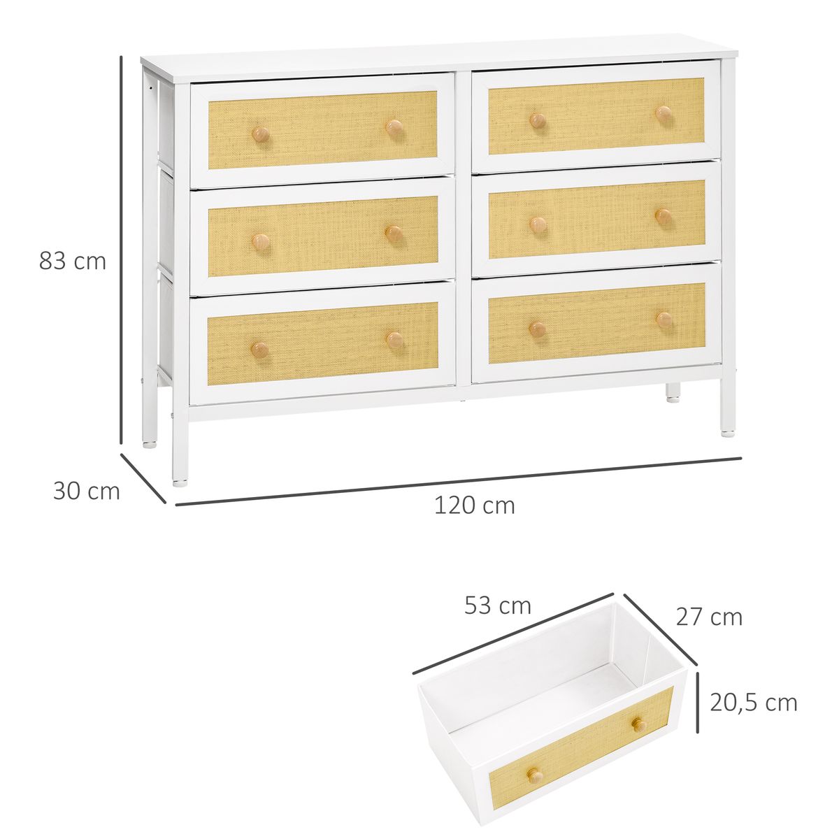 Cómoda Moala Homcom 6 cajones blanco/natural 83x120x30 cm medidas
