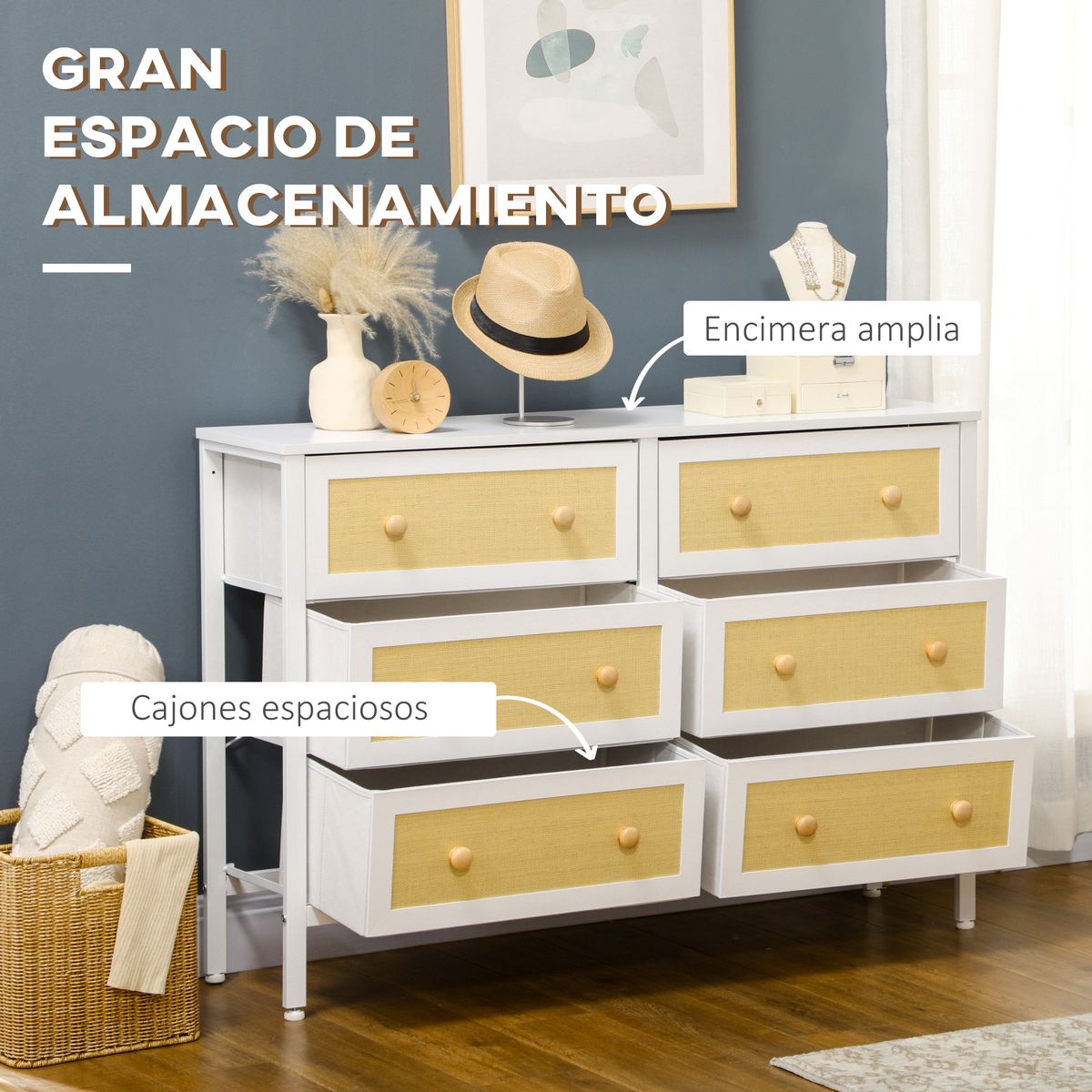 Cómoda Moala Homcom 6 cajones blanco/natural 83x120x30 cm web