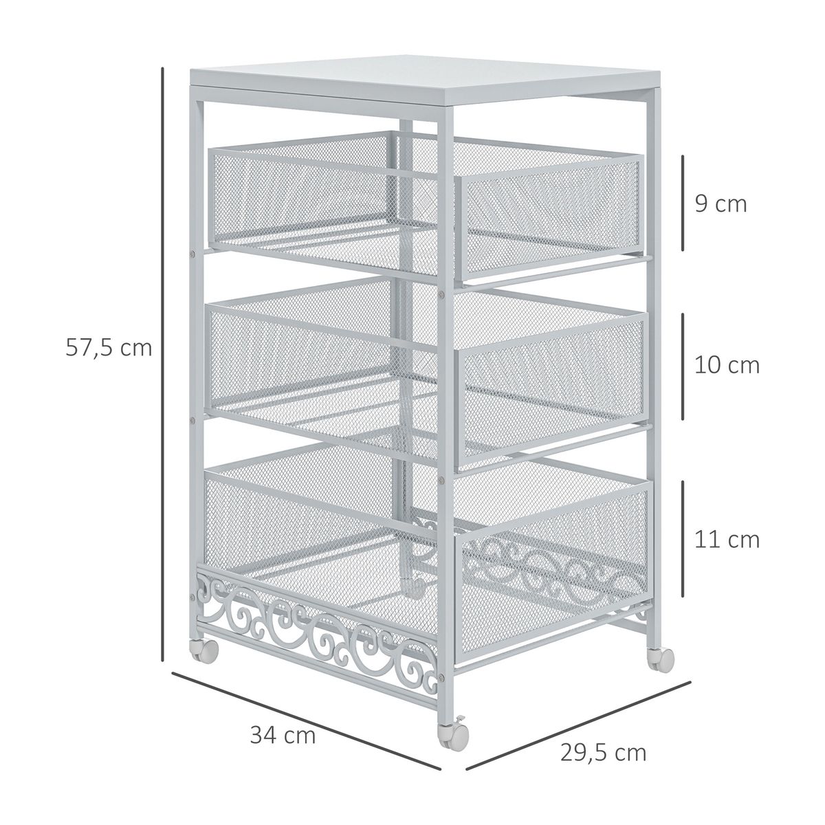 Carrito multiusos Vic Homcom 3 niveles con ruedas blanco 57,5x34x29,5 cm medidas