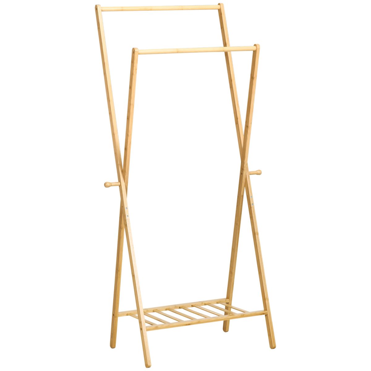 Burro perchero Dummo Homcom 2 barras + 1 estante natural 150x74x42 cm fondo blanco