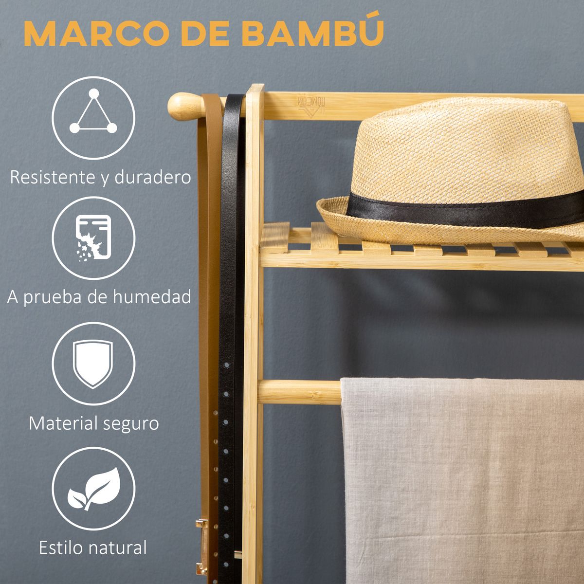 burro perchero river homcom 2 estantes + 2 ganchos natural 139x114x40 cm detalle web