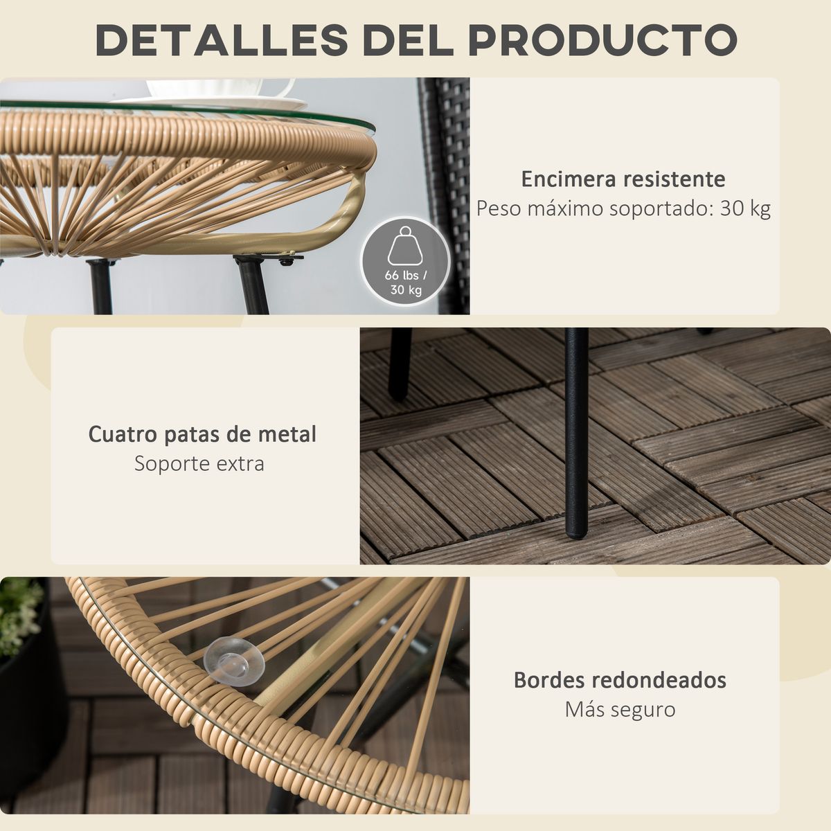 Mesa auxiliar de jardín Outsunny redonda tapa de vidrio beige Ø50x50 cm detalles