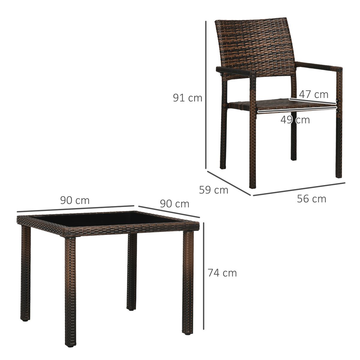 Conjunto de jardín Ululu Outsunny  1 mesa  + 4 sillas ratán marrón medidas