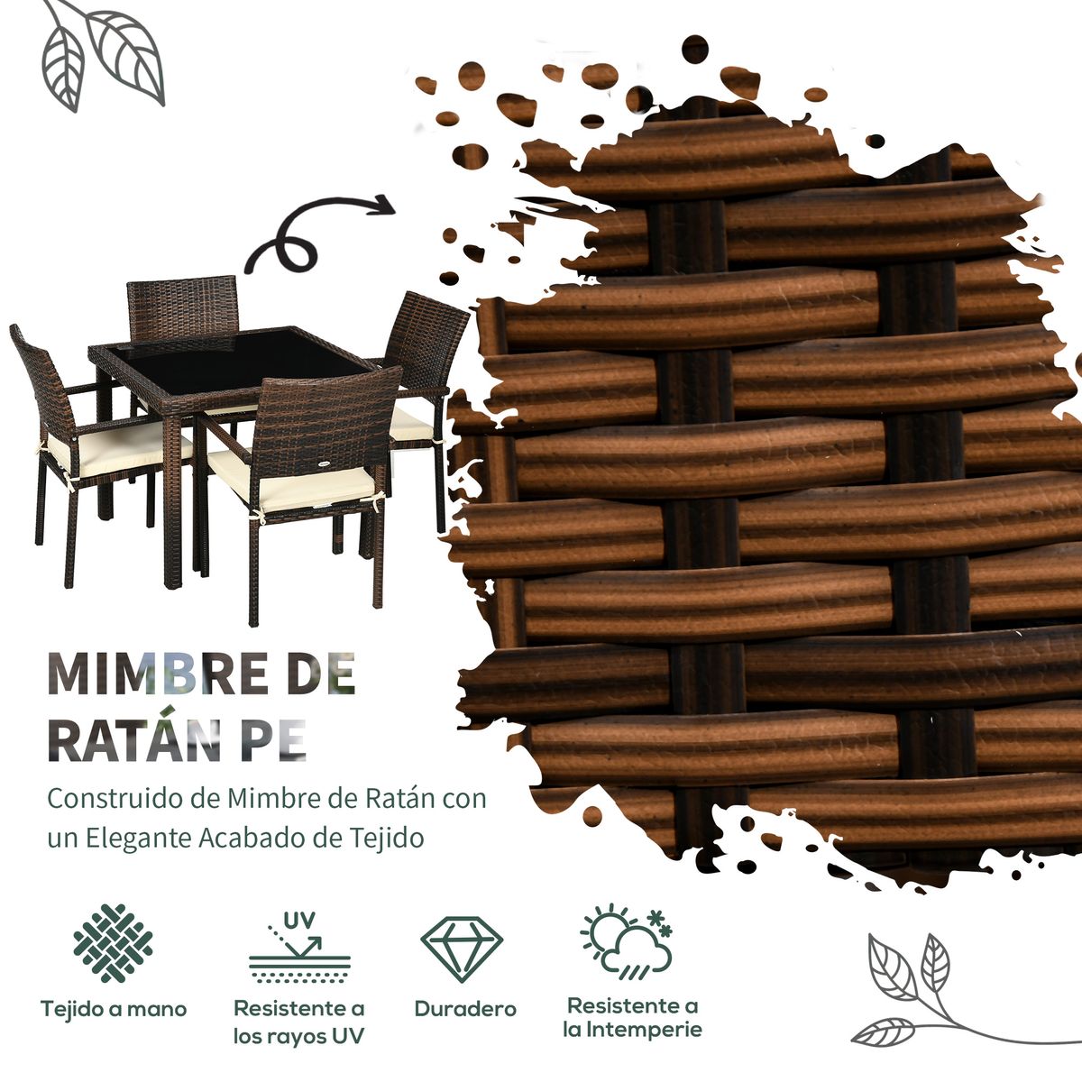 Conjunto de jardín Ululu Outsunny  1 mesa  + 4 sillas ratán marrón detalle material
