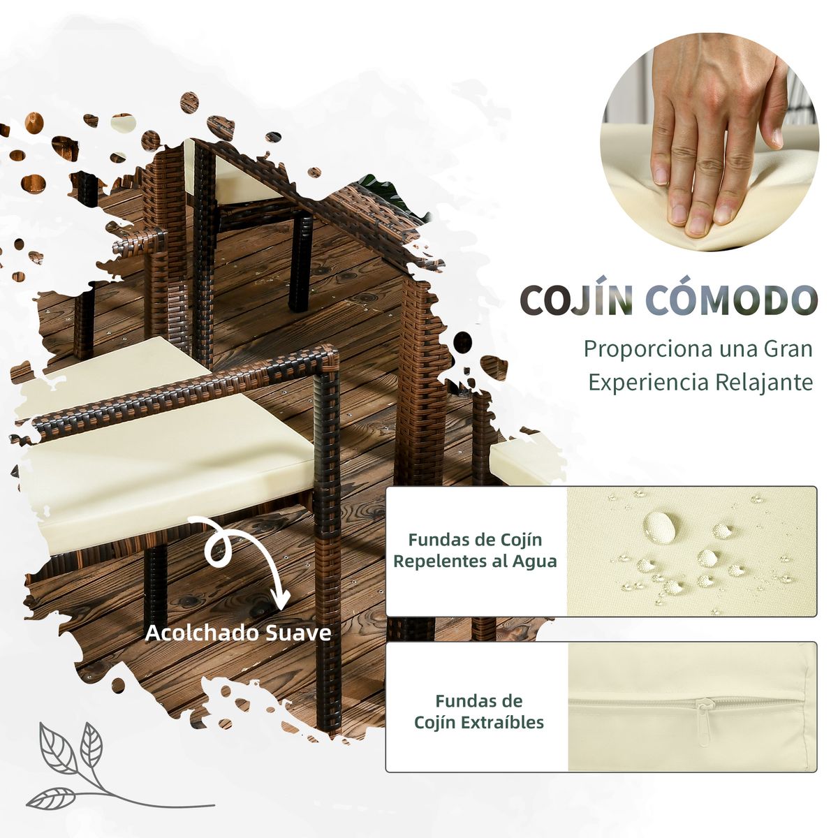 Conjunto de jardín Ululu Outsunny  1 mesa  + 4 sillas ratán marrón detalles