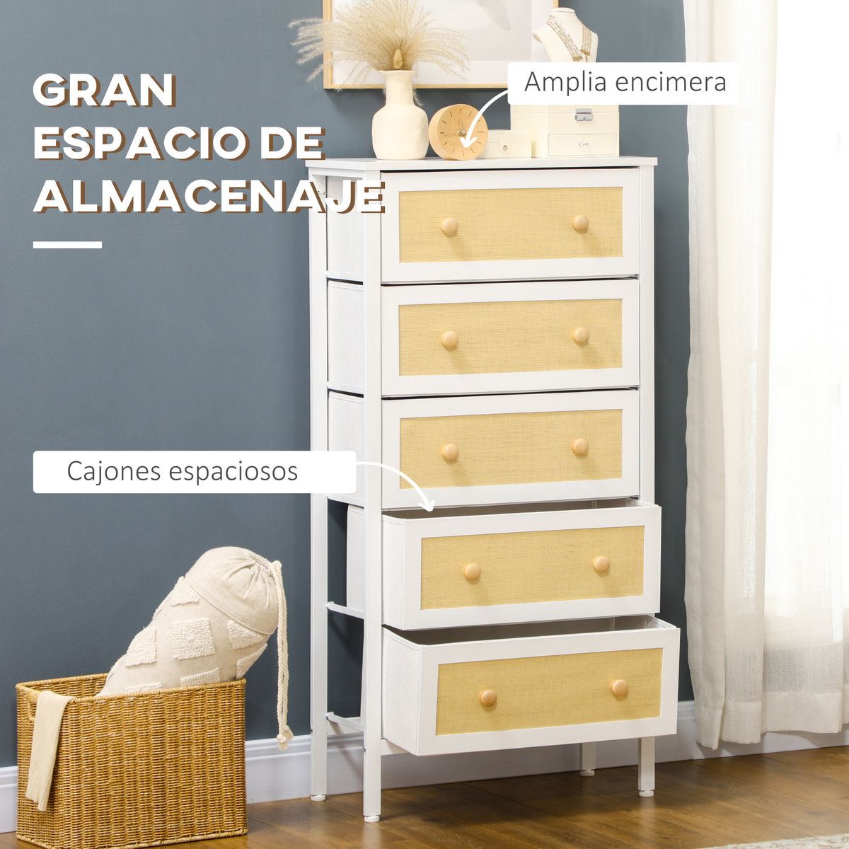Cómoda Takutea Homcom 5 cajones blanco/natural 126,5x62x30 cm animada