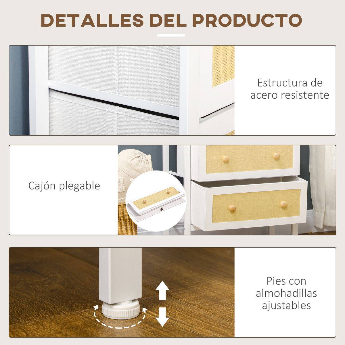 Cómoda Takutea Homcom 5 cajones blanco/natural 126,5x62x30 cm web detalles