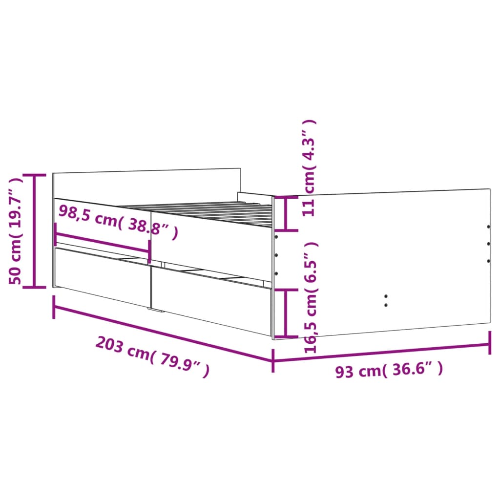 Estructura de cama Vita con cajones blanco 90x200 cm medidas
