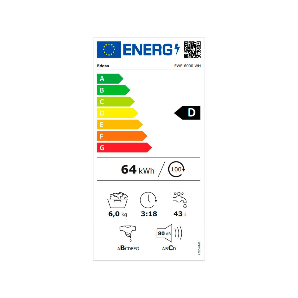 Lavadora Edesa EWF-6000 WH 6kg 1000 rpm 23 programas D blanco 85 cm eficiencia-energetica