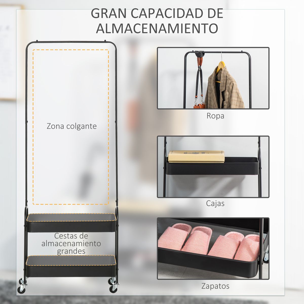 Perchero zapatero Kanto Homcom 2 cestas negro 152,5x56,5x31,5 cm web ropa