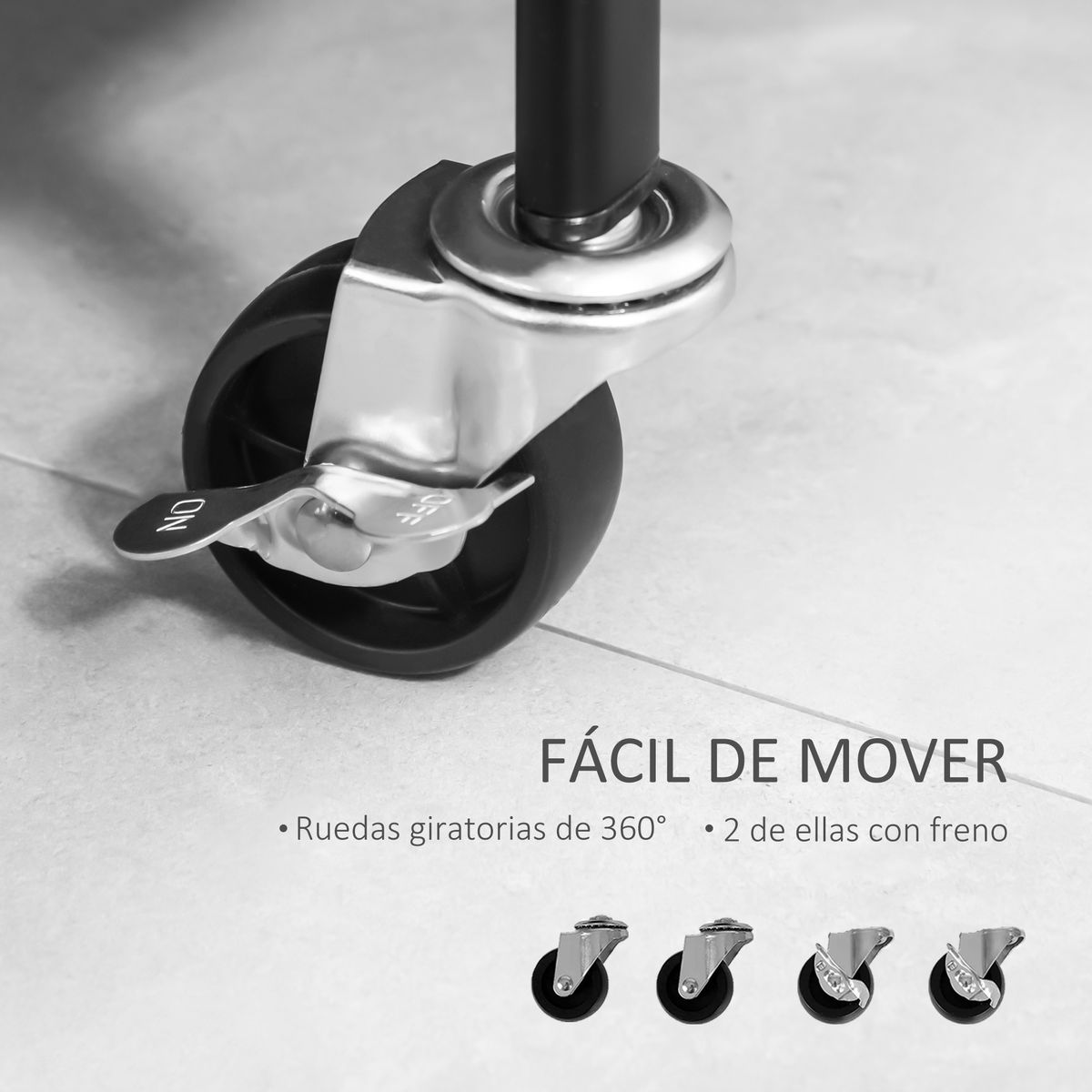 Perchero zapatero Kanto Homcom 2 cestas negro 152,5x56,5x31,5 cm detalle ruedas