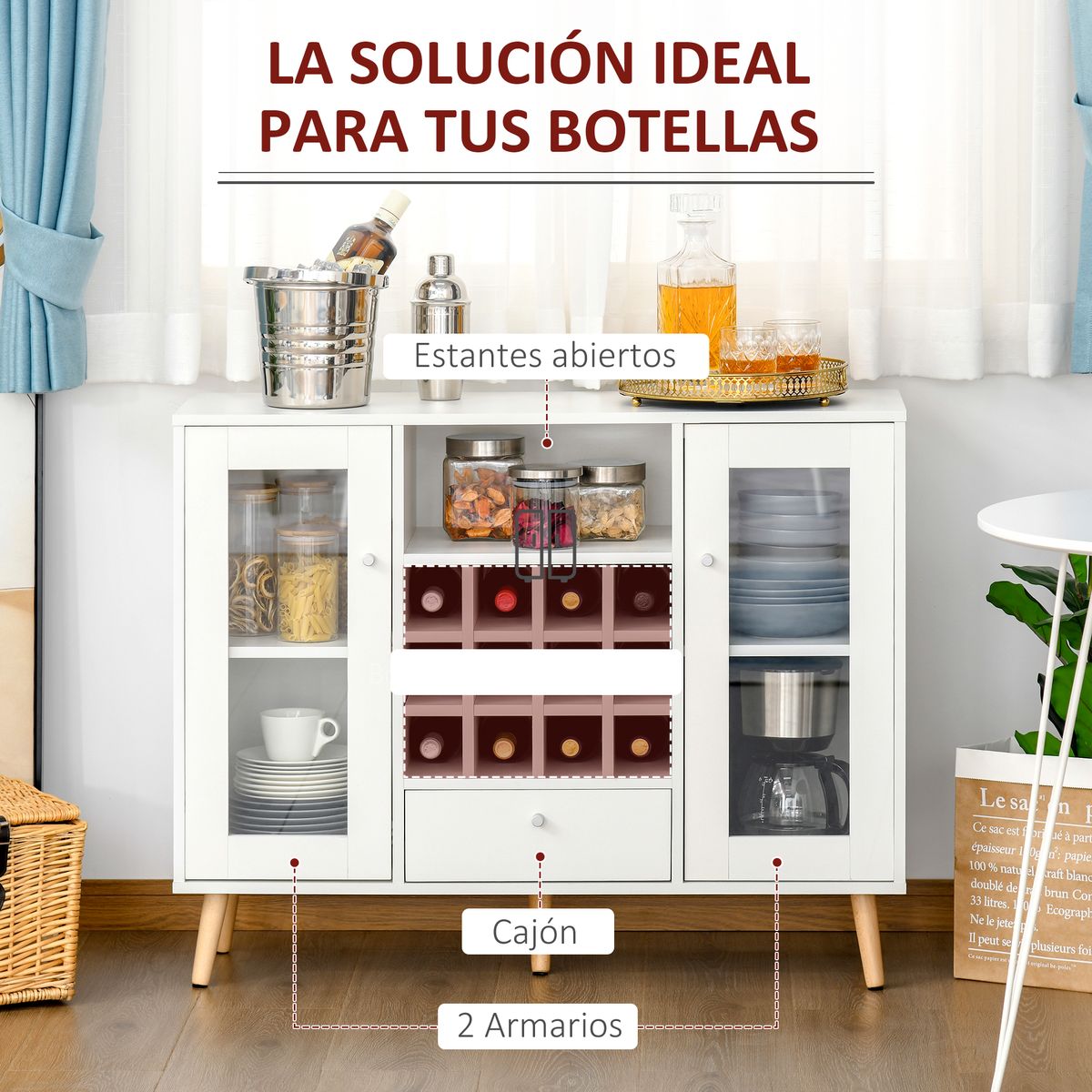 Aparador de cocina Byron Homcom 2 puertas + 1 cajón + botellero blanco 80x100x33 cm 4