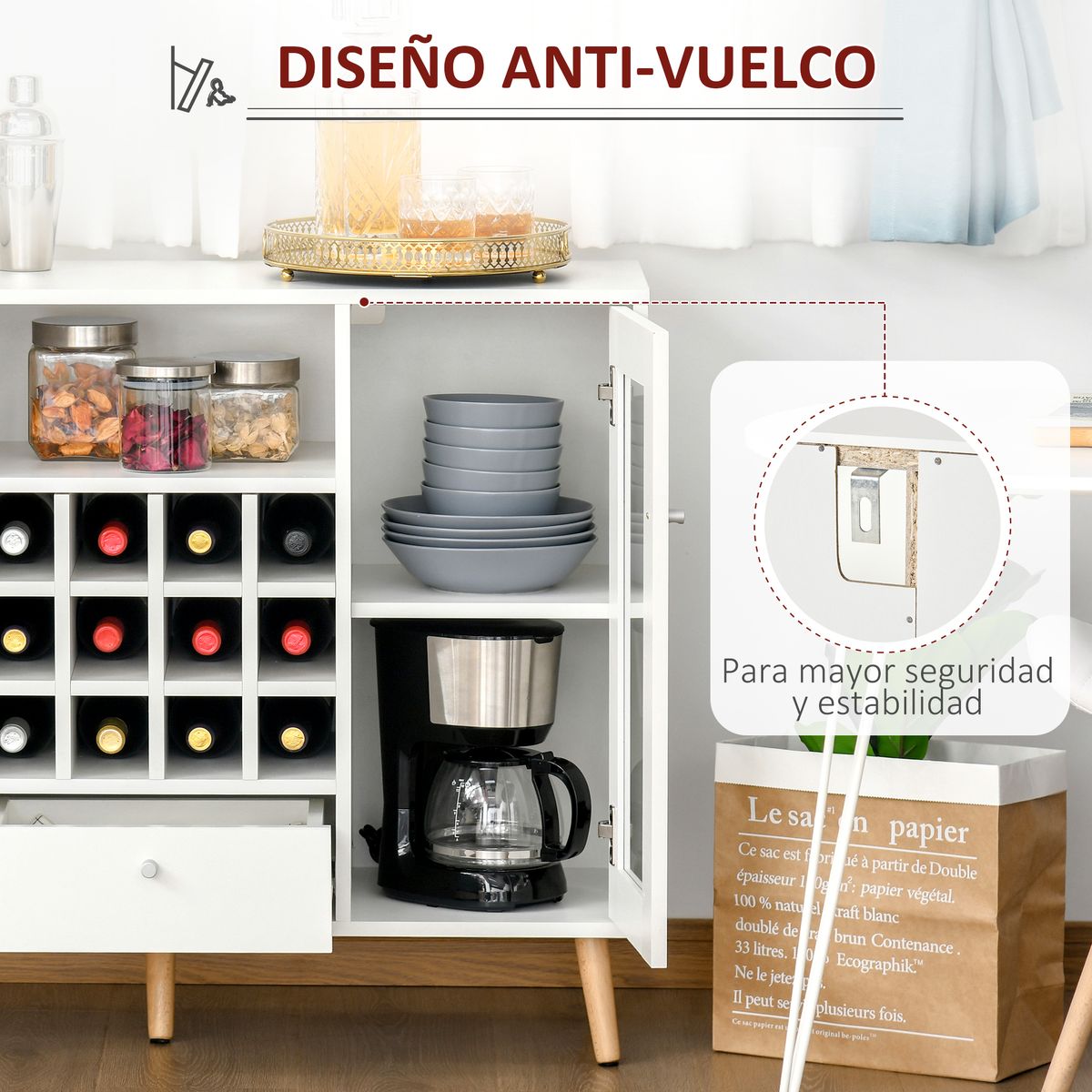Aparador de cocina Byron Homcom 2 puertas + 1 cajón + botellero blanco 80x100x33 cm 5