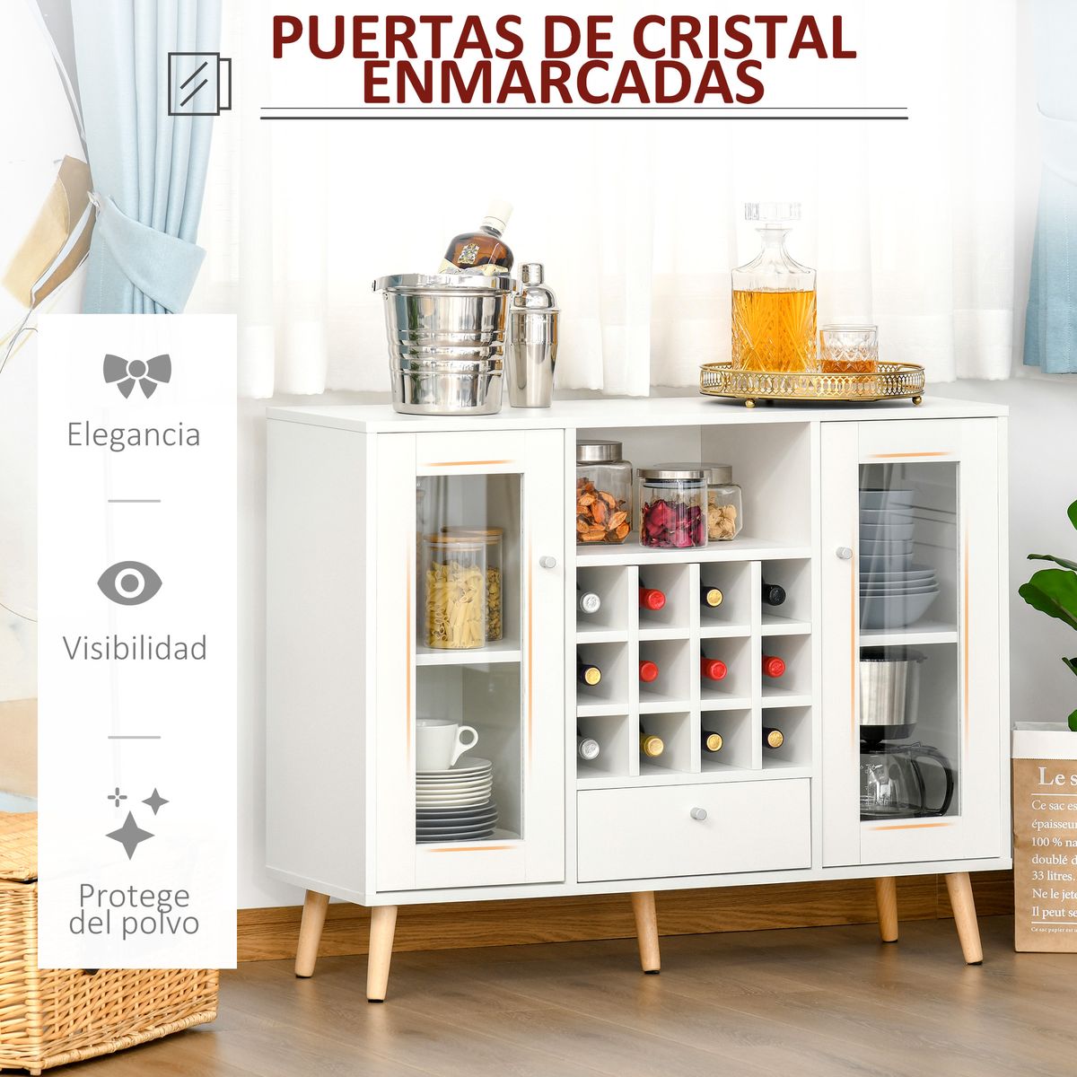 Aparador de cocina Byron Homcom 2 puertas + 1 cajón + botellero blanco 80x100x33 cm 6