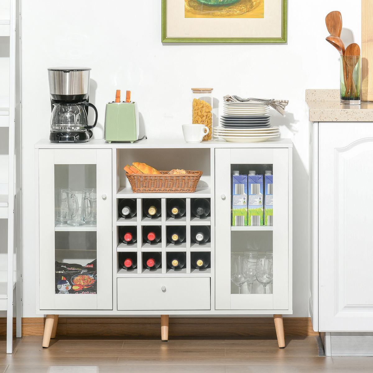 Aparador de cocina Byron Homcom 2 puertas + 1 cajón + botellero blanco 80x100x33 cm 7