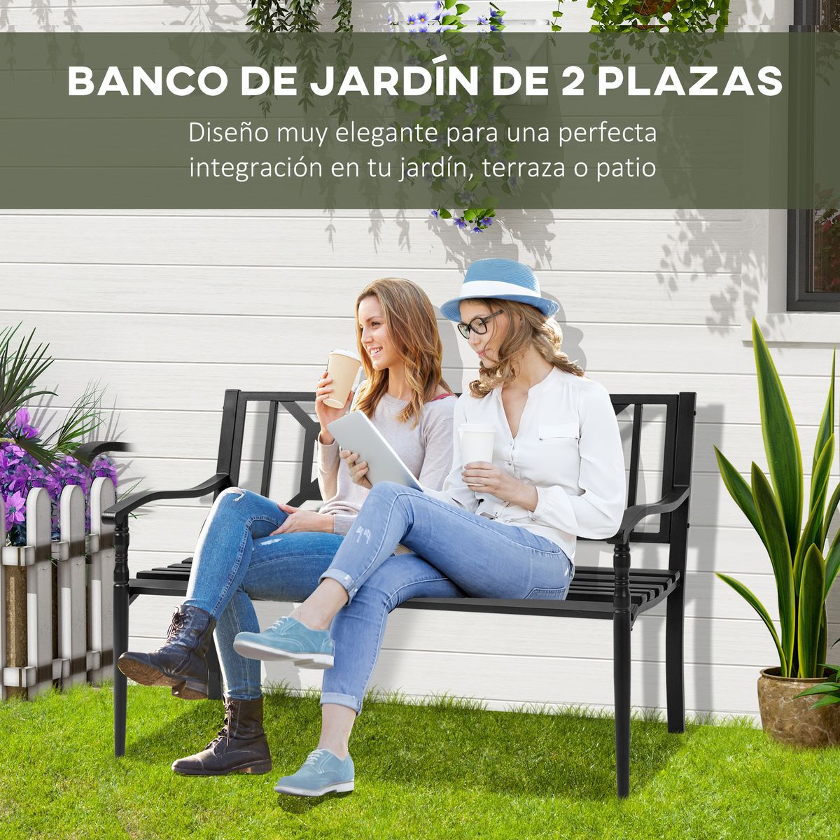 Banco de jardín Outsunny 2 plazas negro 4