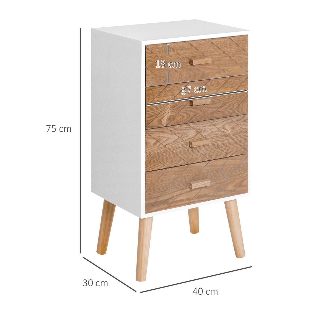 Mesita de noche Robe Homcom 4 cajones blanco/natural 75x40x30 cm medidas