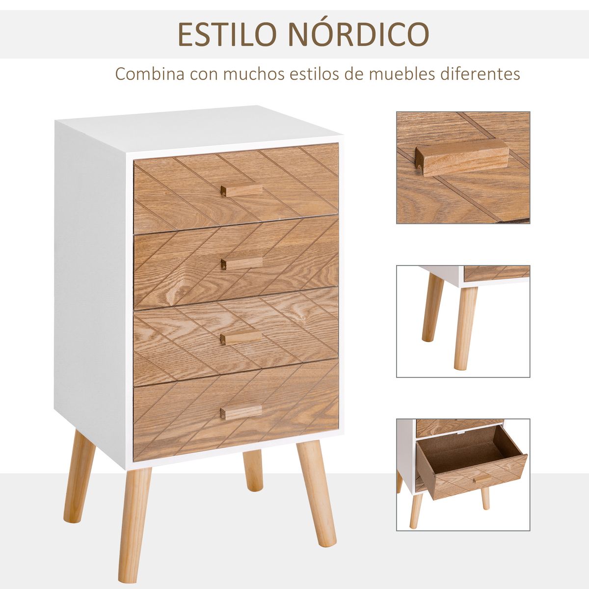 Mesita de noche Robe Homcom 4 cajones blanco/natural 75x40x30 cm web
