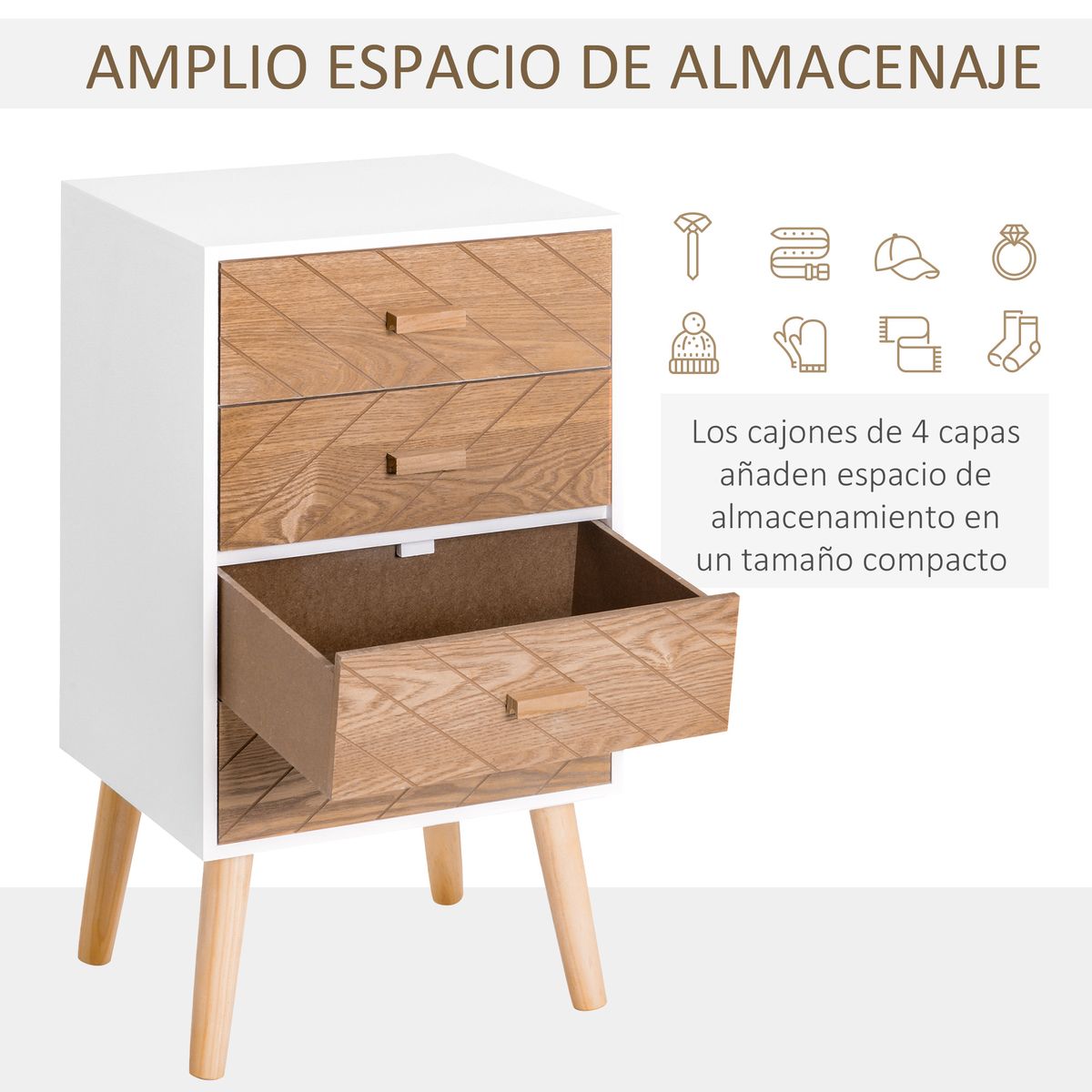 Mesita de noche Robe Homcom 4 cajones blanco/natural 75x40x30 cm cajon
