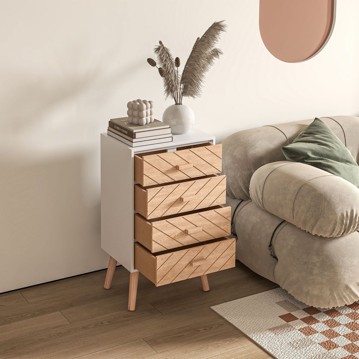 Mesita de noche Robe Homcom 4 cajones blanco/natural 75x40x30 cm animada salon