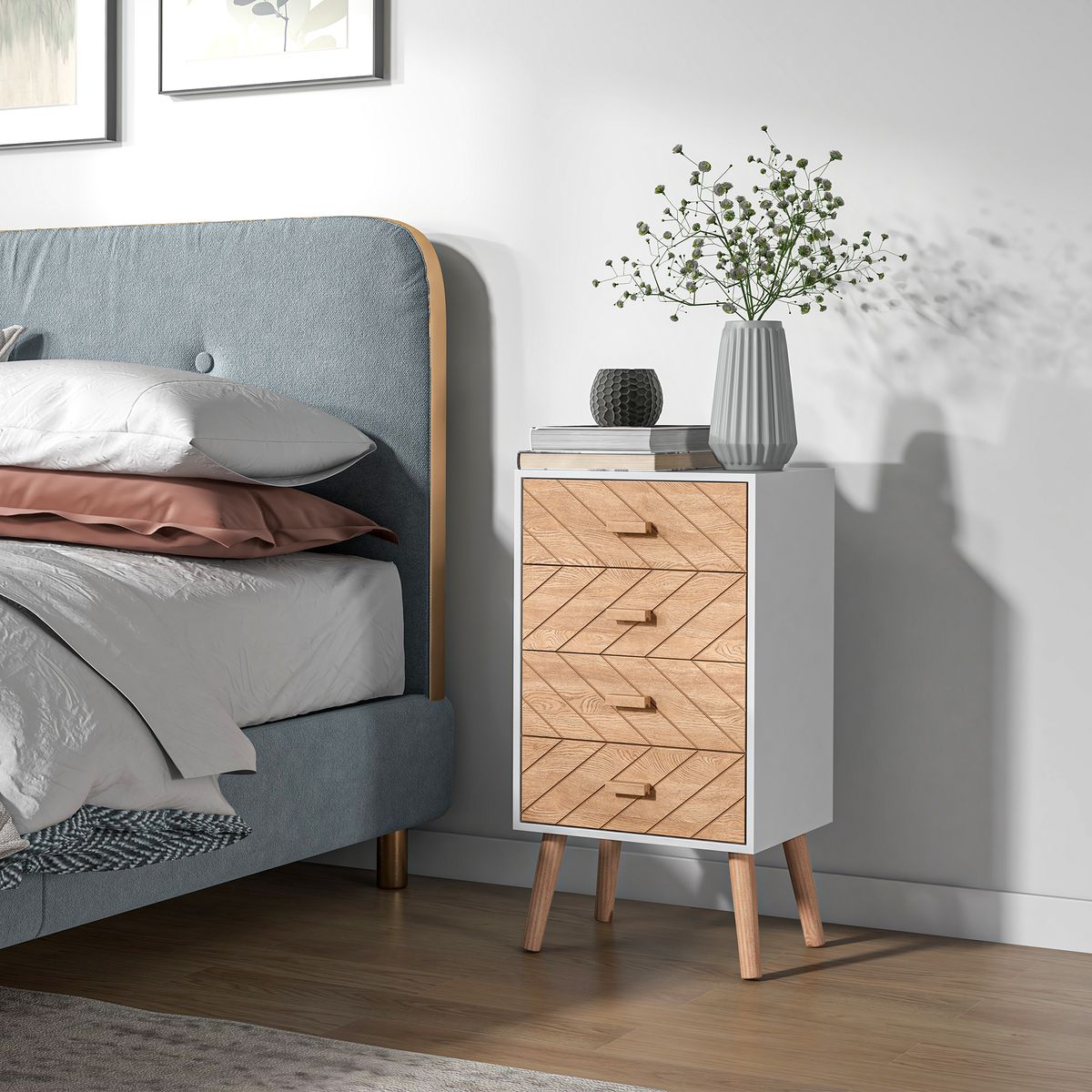 Mesita de noche Robe Homcom 4 cajones blanco/natural 75x40x30 cm animada dormitorio