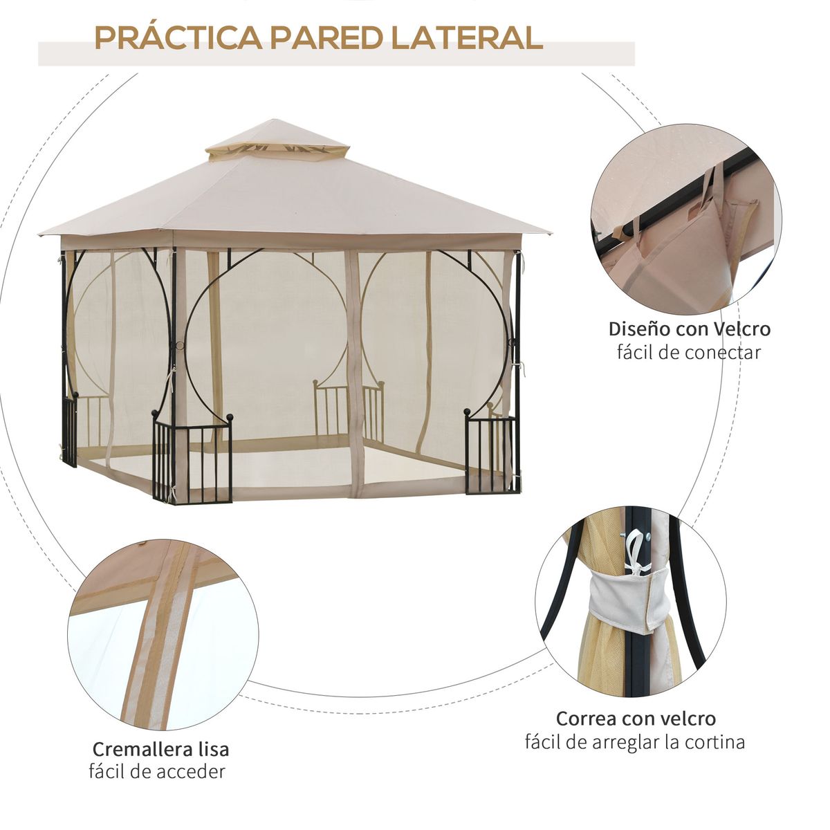 Carpa de jardín Cenja Outsunny 4 cortinas doble techo beige 3x3 m carpa detalles