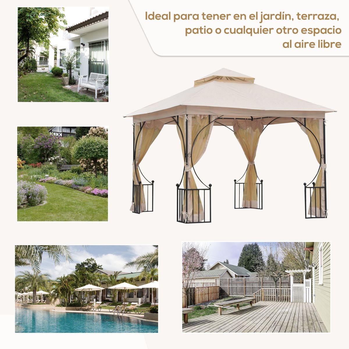 Carpa de jardín Cenja Outsunny 4 cortinas doble techo beige 3x3 m detalles web