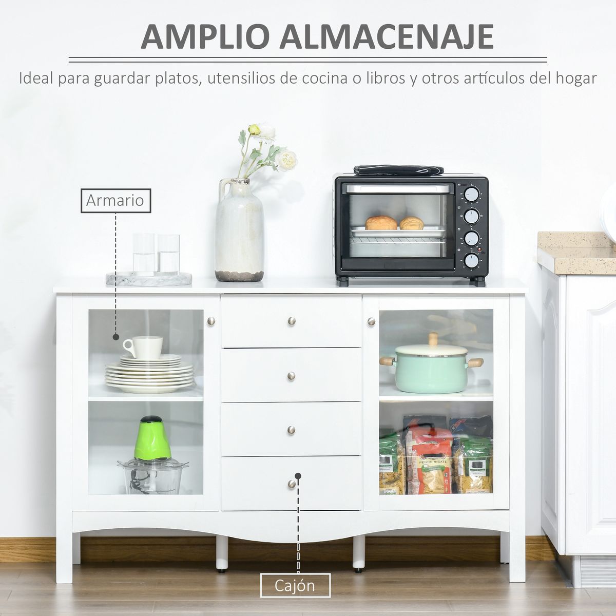 Aparador de cocina Lilia Homcom 2 puertas + 4 cajones blanco 85x136x45 cm 4