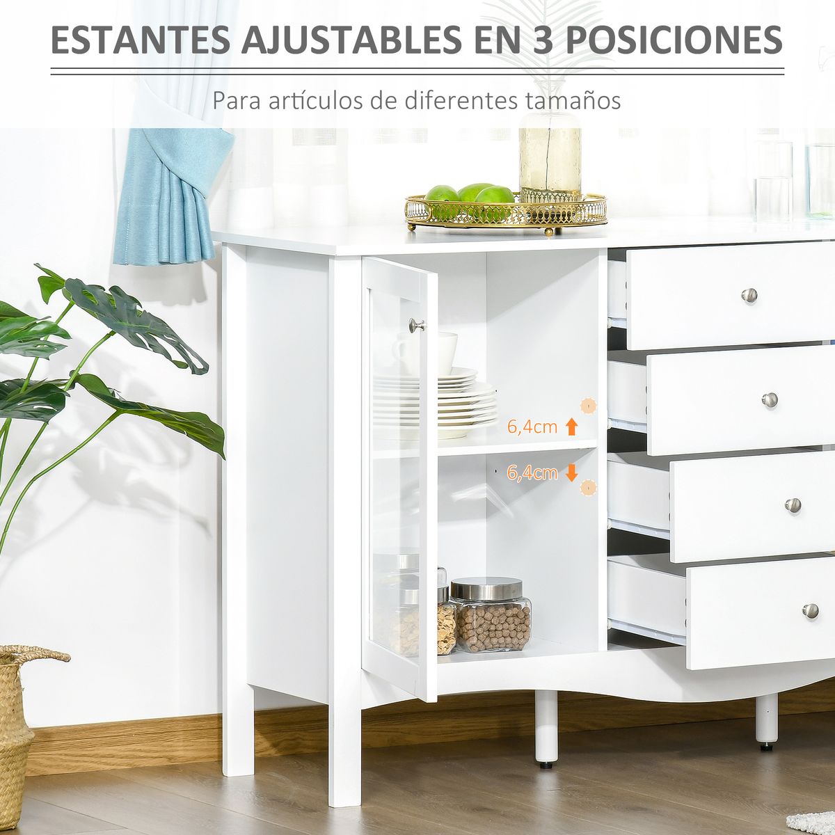 Aparador de cocina Lilia Homcom 2 puertas + 4 cajones blanco 85x136x45 cm 5
