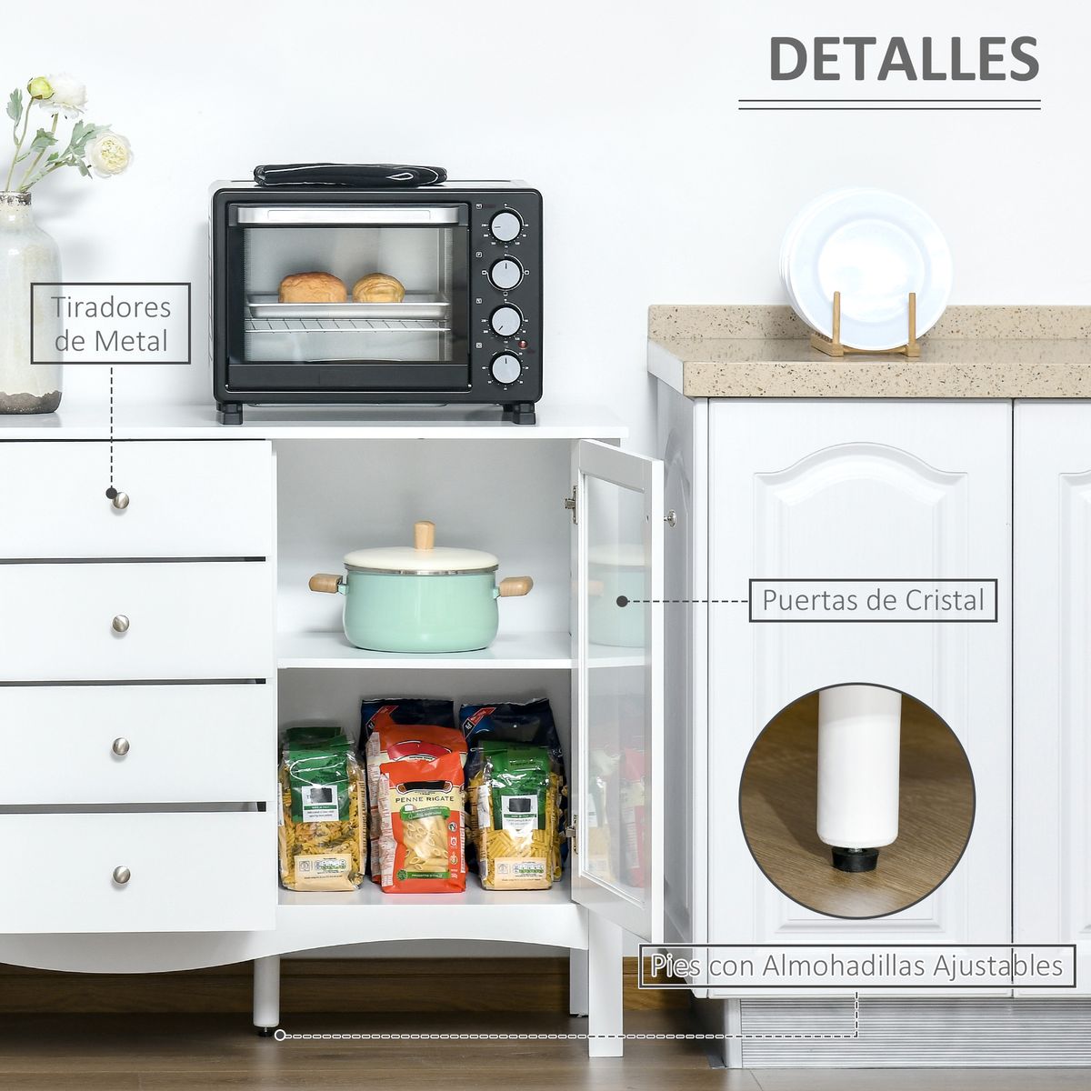 Aparador de cocina Lilia Homcom 2 puertas + 4 cajones blanco 85x136x45 cm 6