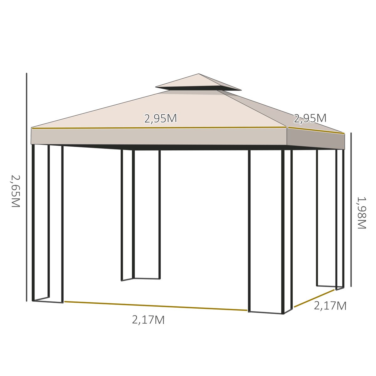 Carpa de jardín Uwen Outsunny 4 cortinas doble techo crema 3x3 m medidas